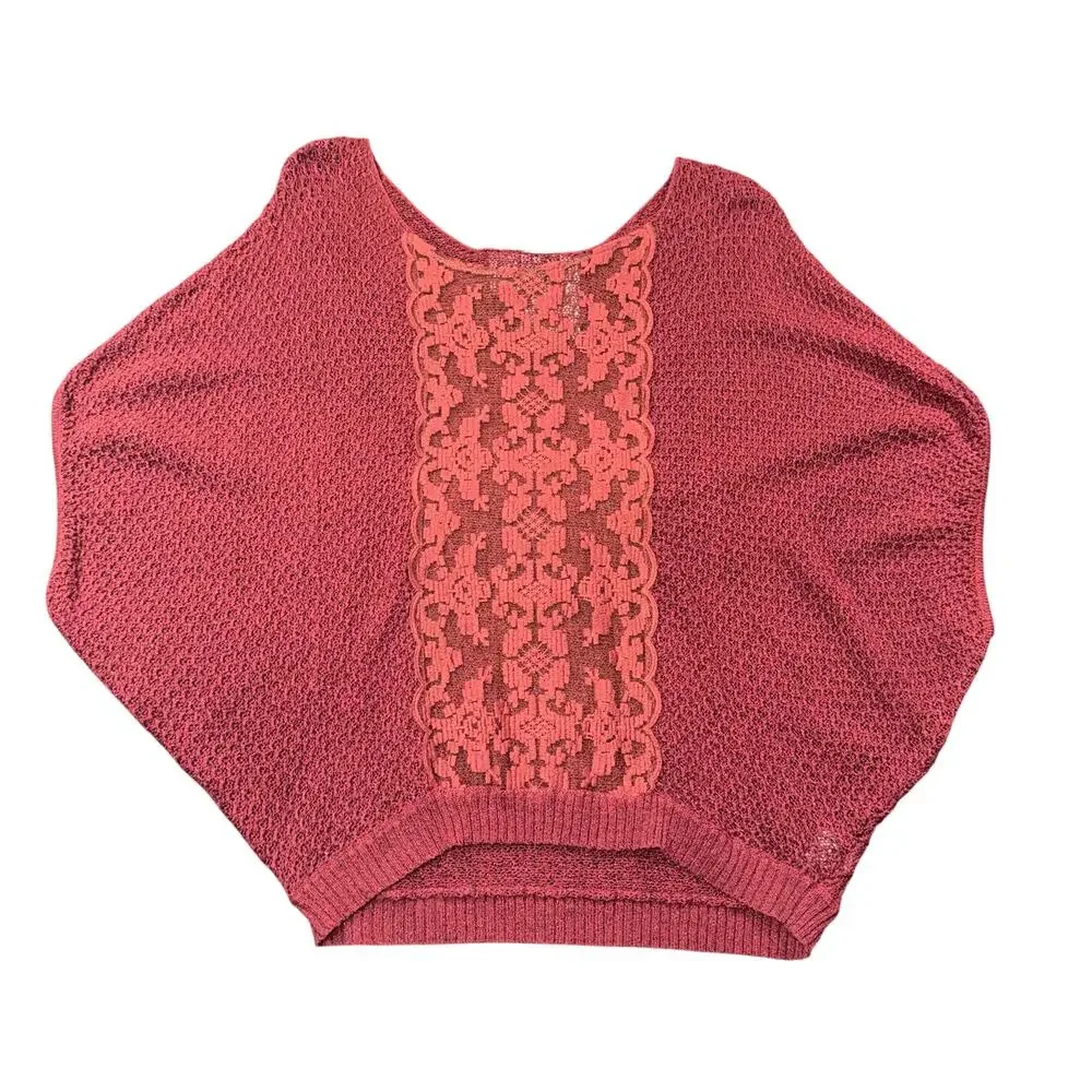 Free People Maroon Loose Knit Metallic Shimmer Lace Batwing Poncho Sweater L NWT